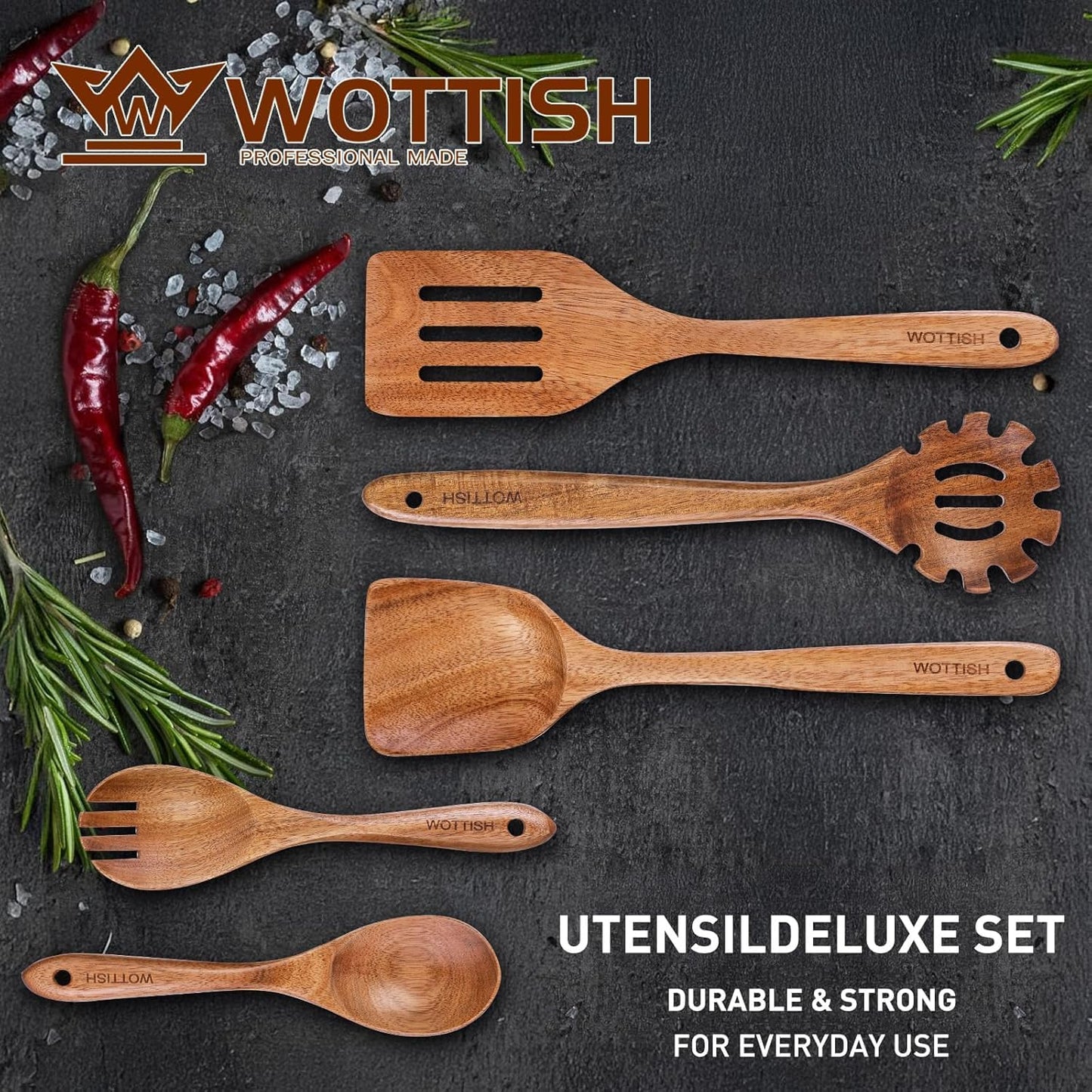 Wooden Spoons for Cooking - 5-Piece Wooden Kitchen Utensil Set made of Natural Solid Wood Material - Includes Salad Spoons, Spaghetti Spoon, Salad Fork, Flat Spatula,Slotted Spatula(A05)