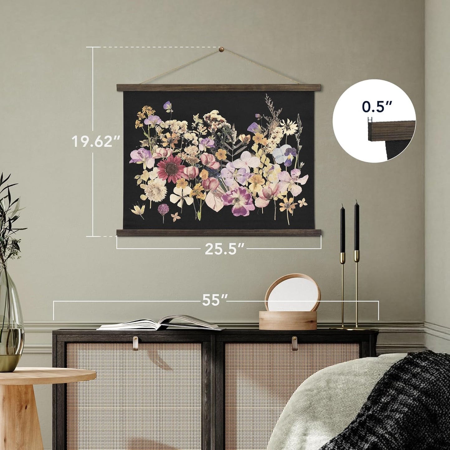 American Art Decor Framed Dried Flowers Tapestry Wall Art - Botanical Print with Blue, Yellow & Pink Blooms