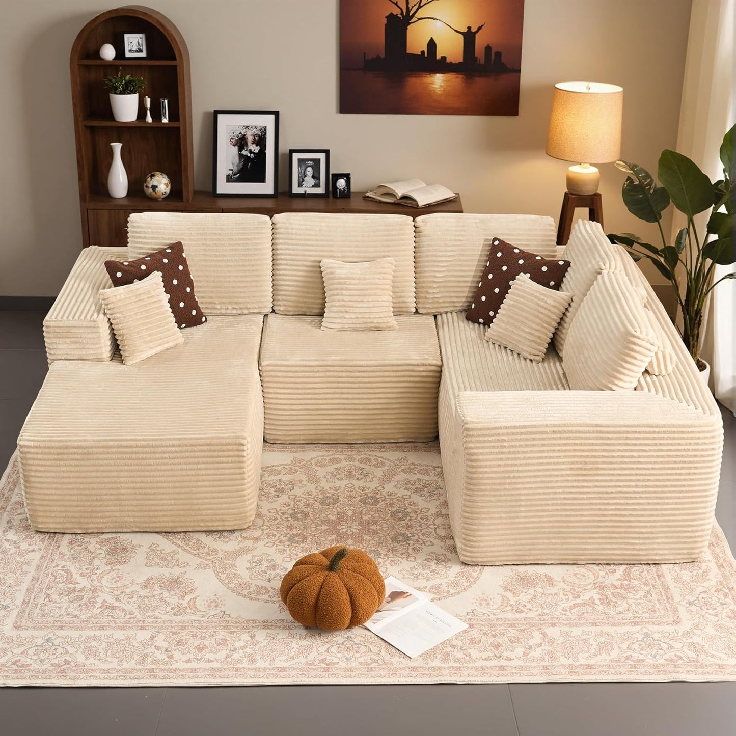 HOOOWOOO Cloud Sectional Couches for Living Room,Modular Sectional Sofa No Assembly,110X79 Inch Plush Corduroy Large U Shaped Floor Couch Set with Deep Seat Chaise(Beige)