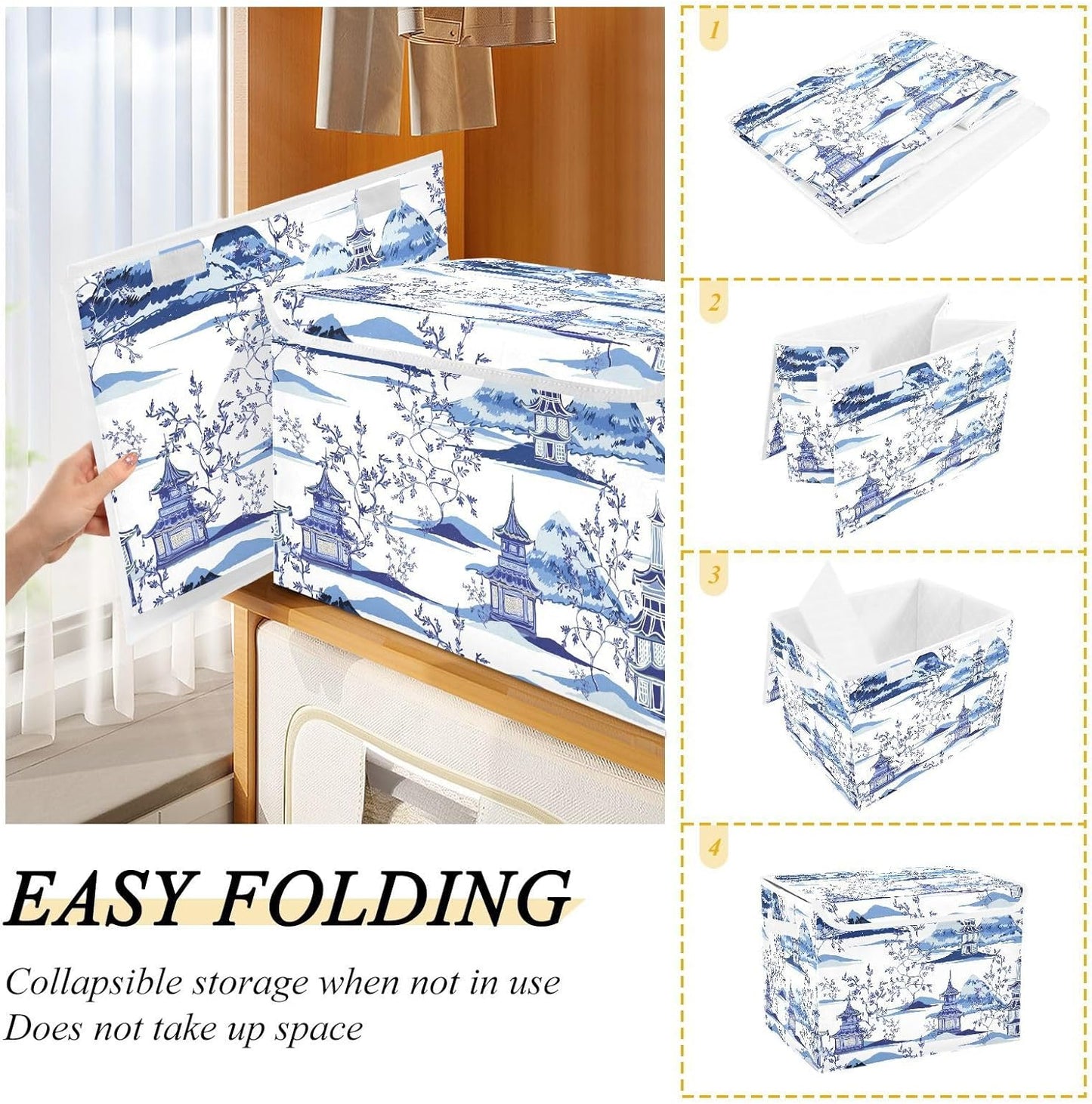 susiyo Ink Chinoiserie Pagodas Storage Bin Large Collapsible Storage Box Stackable design Fabric Storage Bins with Lids Decorative Multi-Color Foldable Organizing Baskets For Closet