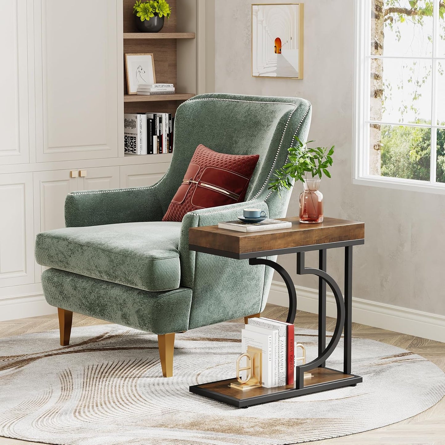 Tribesigns Narrow Side Table Brown Black C Shaped End Table Modern Bedside Tables for Couch, Small Sofa Tables with Metal Frame for Living Room (1, Brown+Black)