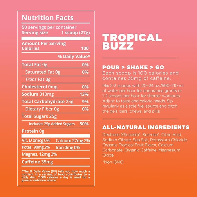 Tailwind Nutrition Endurance Fuel, Caffeine Drink Mix with Electrolytes, Non-GMO, Free of Soy, Dairy, and Gluten, Vegan, Tropical Buzz, 30 Servings