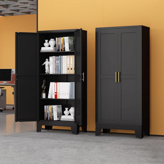Black Metal Storage Cabinet, 61" Steel Cabinets for Home Office, Kitchen Pantry Storage Cabinet with Doors and 3 Adjustable Shelves, Metal Tool Cabinet, for Office, Home, Garage, School