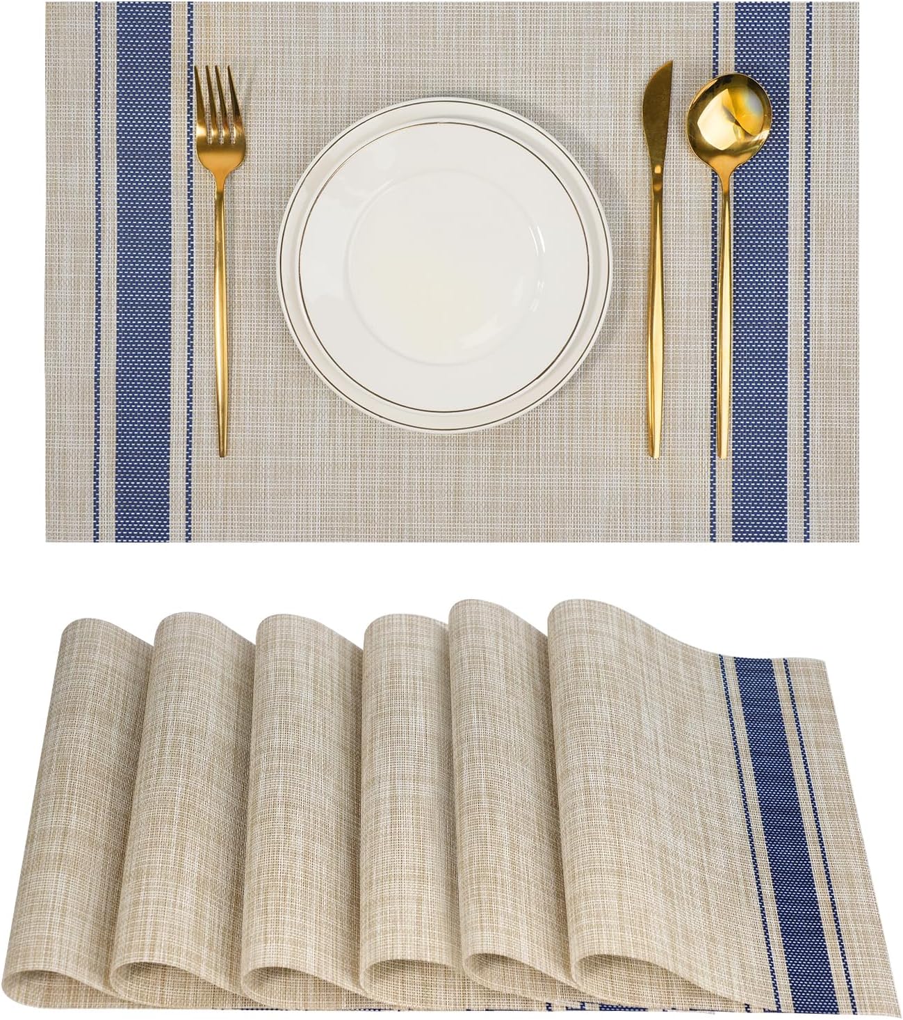 Placemats Set of 6,Non-Slip PVC Weave Table Mats Easy to Clean,Heat Resistant Place Mats for Kitchen Dining Table Decoration Indoor Outdoor,Khaki Blue