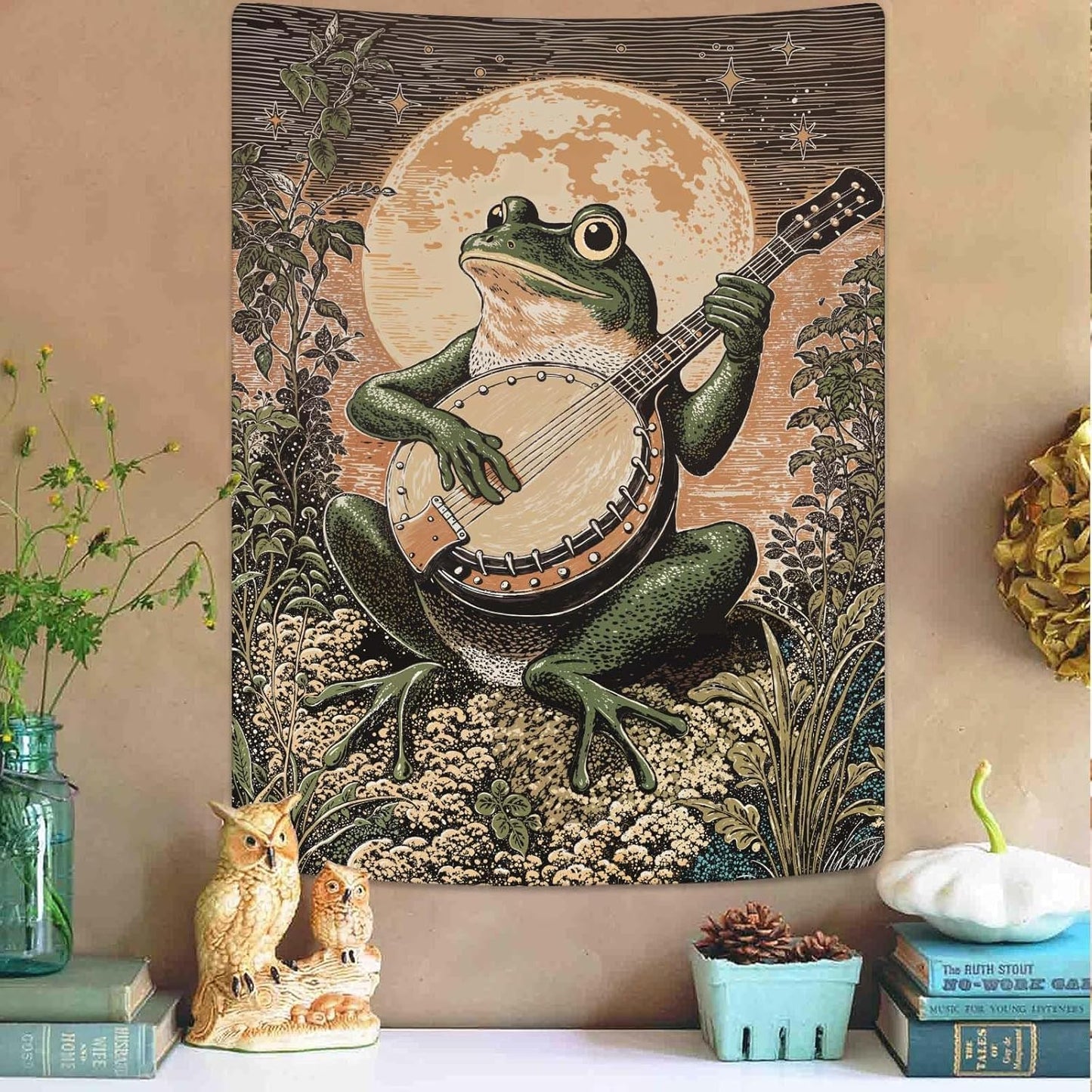 Lunerfex Moonlit Banjo Frog Wall Tapestry, Whimsical Amphibian Musician Tapestries for Room Decor, Folk Art Tapestry 60L x 80W