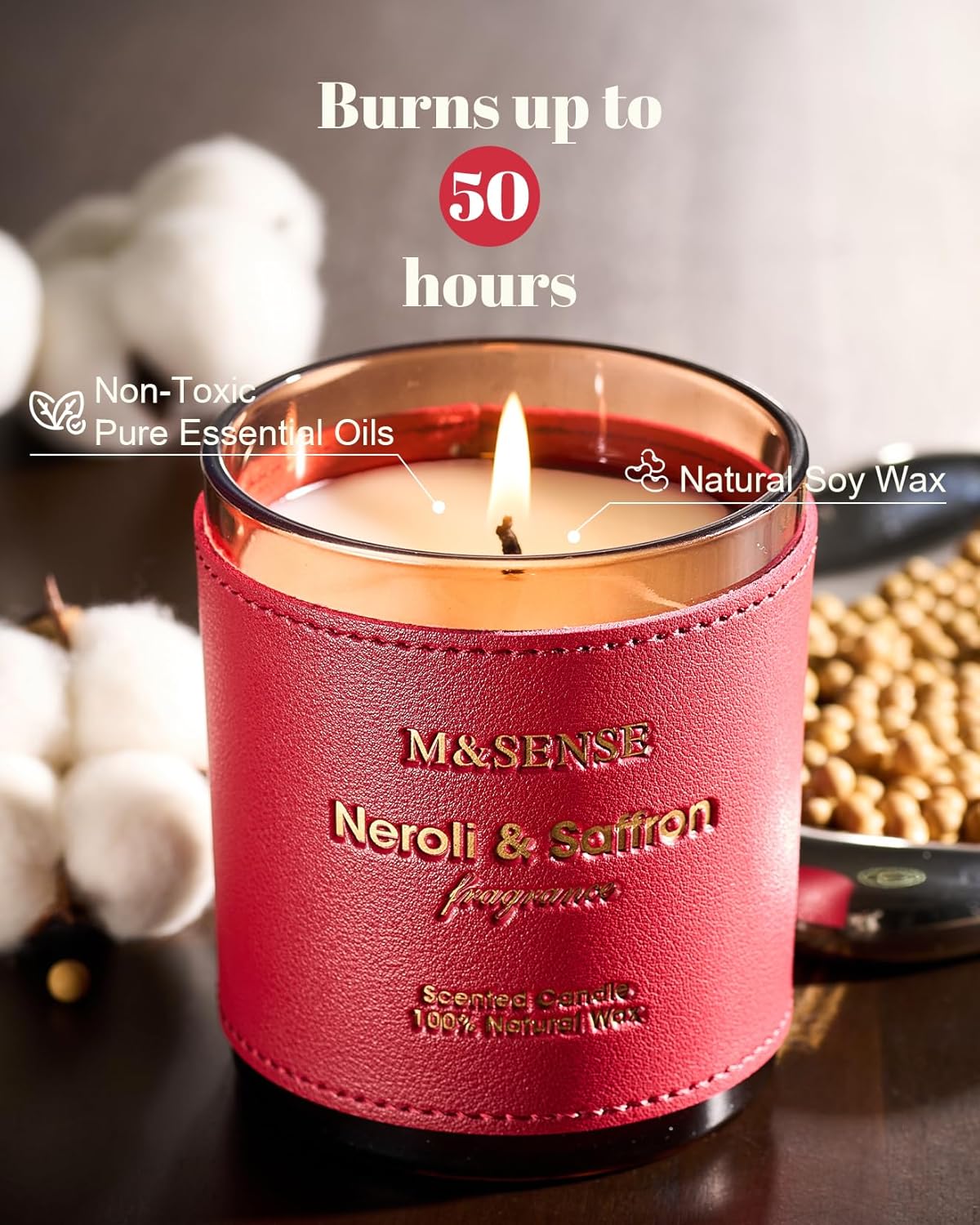 M&SENSE Neroli Saffron Scented Candles-Vegan Soy Wax, Naturally Scented, No Toxin 10oz 42-Hour Long Burning Time, Cozy Stress Relief Candle for Home Fragrance, Housewarming Gift for Women & Men