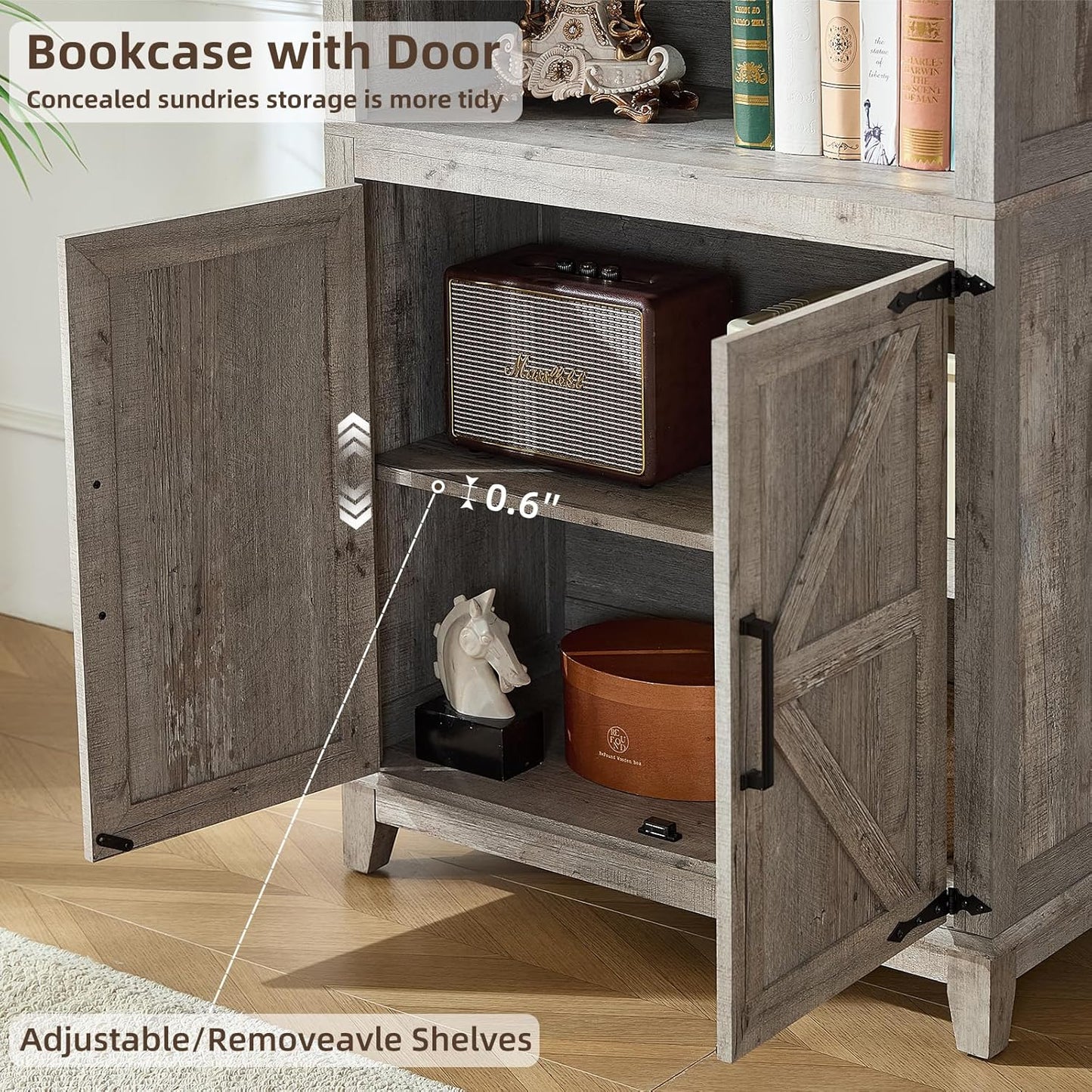 70in Tall Bookshelf 5 Tier Bookcase with Barn Doors and Adjustable Shelves, Grey Farmhouse Book Shelf with Storage Cabinet, Wood Freestanding Display Bookshelves for Bedroom, Kitchen (2PCS)