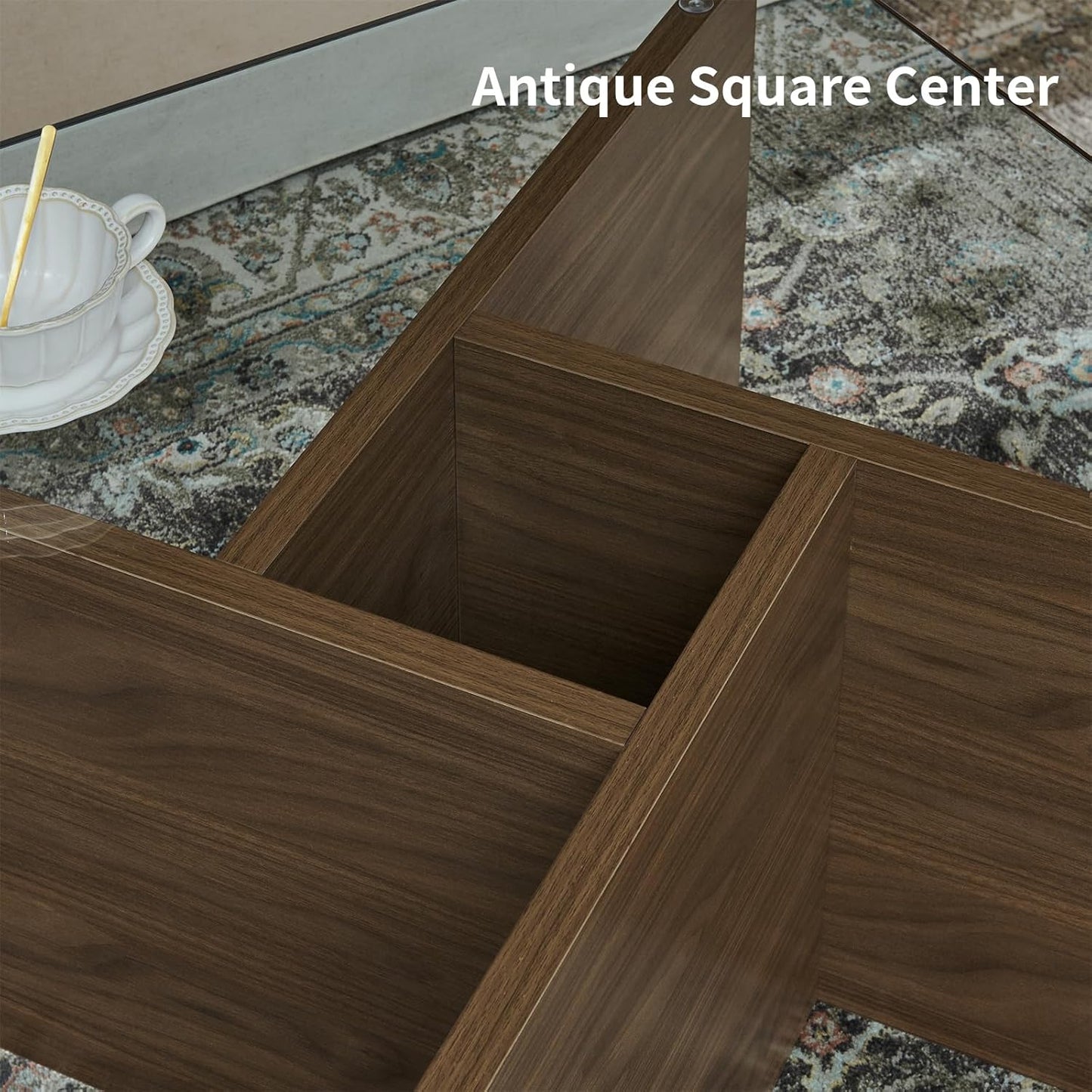 31.5" Glass Coffee Table, MDF Mid-Century Modern Square Coffee Table with Tempered Glass Top, Square Center Tables for Small Space Living Room Office Apartment, Walnut