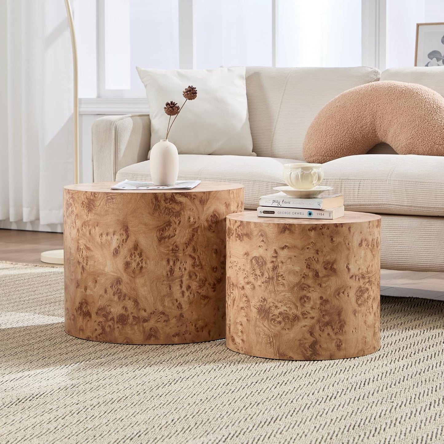 Round Coffee Tables Side Table Set of 2, Wood Nesting End Table for Living Room Balcony Office, Walnut Wooden Color, Natural Burl Color, No Assembling