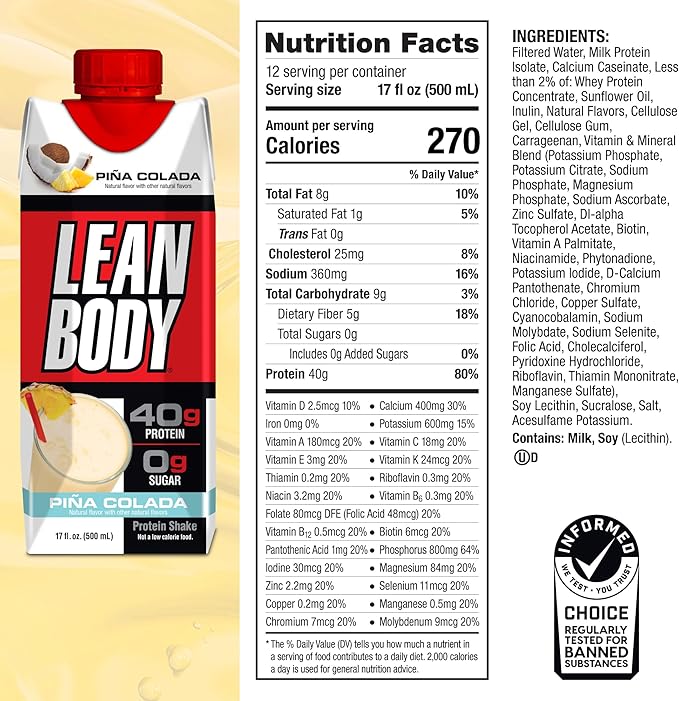 Lean Body Ready-to-Drink Pina Colada Protein 40g Protein, 0 Sugar, 22 Vitamins 17 Fl 12)