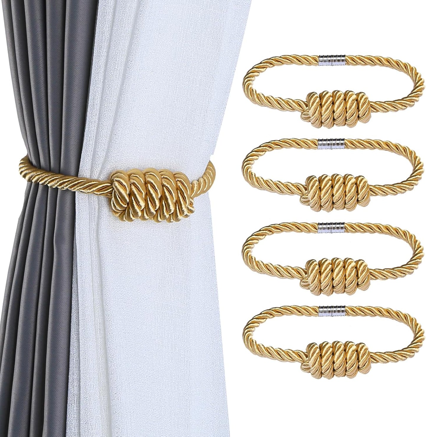 Fenghuangwu 4Pack Magnetic Curtain Tiebacks – Bohemian Style Handmade Woven Tie-Backs for Drapes,Elegant Exquisite Knot Holdbacks,Outdoor Boho & Modern Home Decor(Gold