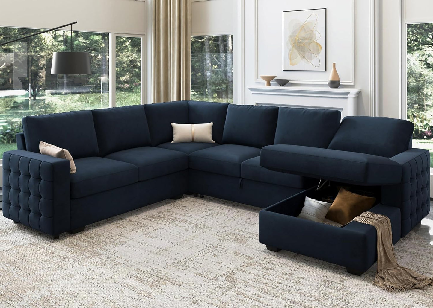 HONBAY Sectional Sleeper Sofa with Pull Out Bed U-Shape Sectional Couch Sleeper Bed with Storage Chaise Lounge Living Room 6 Seater Sectional Sofa Bed,Velvet Dark Blue
