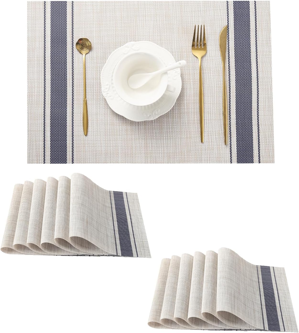 Leetaltree Khaki-Blue Placemats, Heat Resistant Non-Slip Place mats for Dining Table, Washable Durable PVC Vinyl Woven Table Mats (Set of 12)