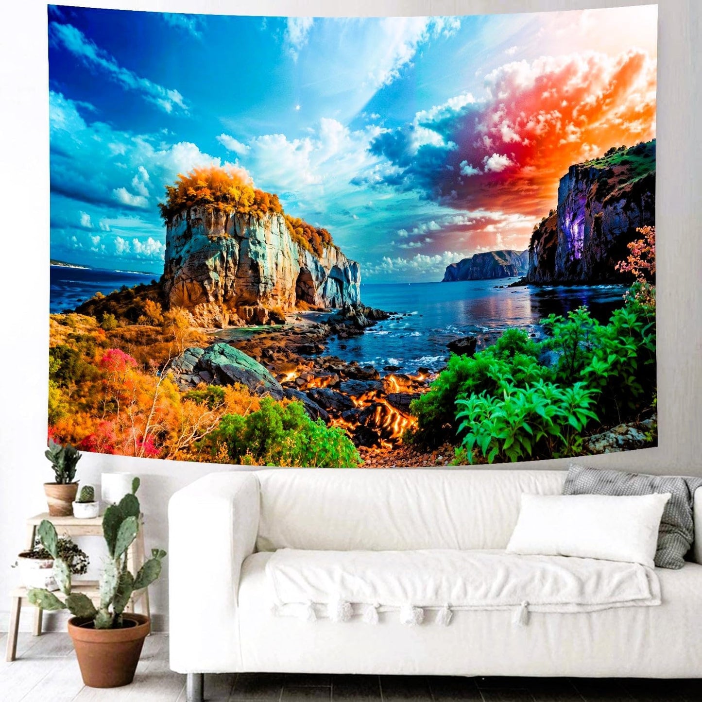 Delur Coastal Ocean Beach Tapestry Tropical Forest Tree Sunrise Sea Landscape Tapestry Wall Hanging Wave Sunset Nature Colorful Spiritual Headboard for Bedroom Living Room Home Decor (70.8" x 92.5")