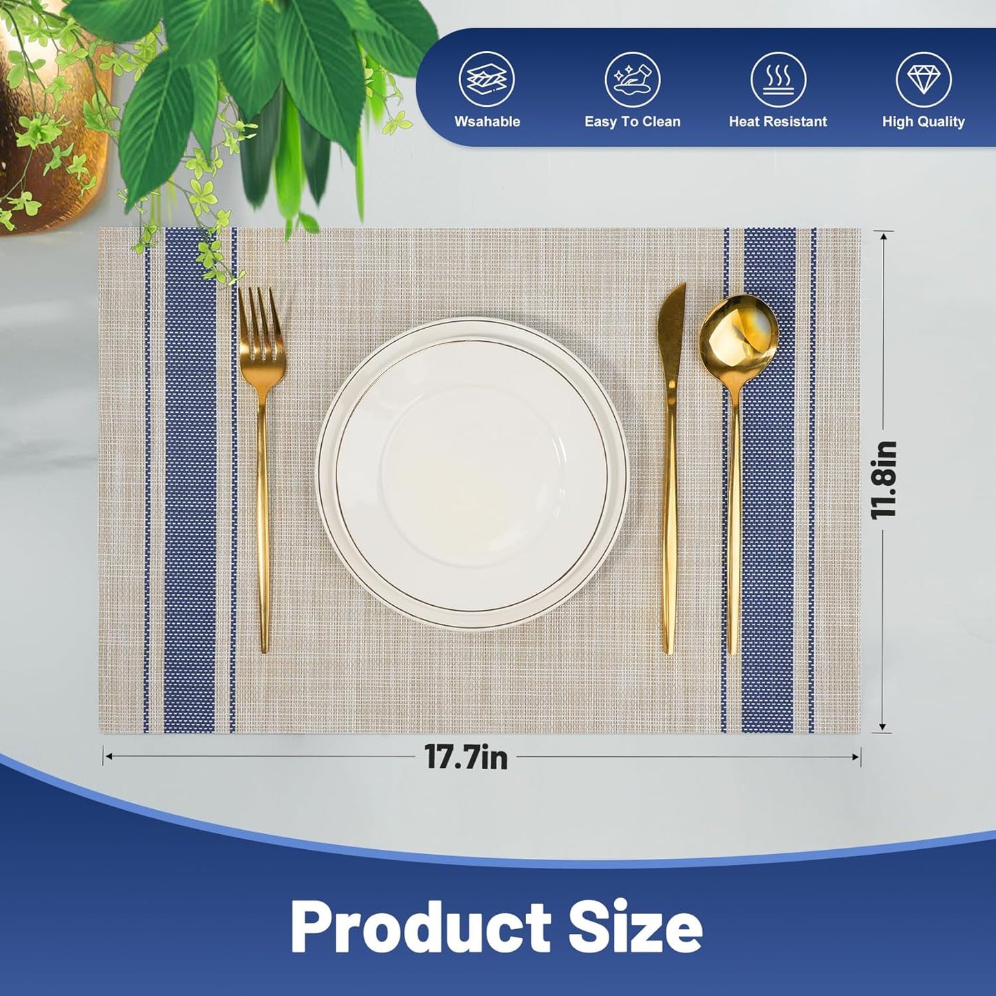 Placemats Set of 8,Non-Slip PVC Weave Table Mats Easy to Clean,Heat Resistant Place Mats for Kitchen Dining Table Decoration Indoor Outdoor,Khaki Blue