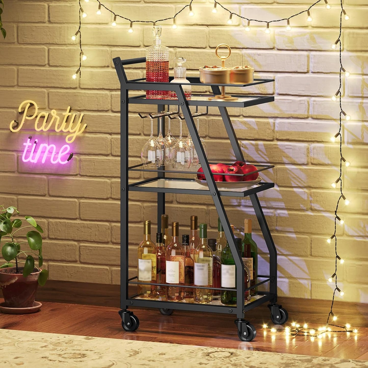 Bar Cart, 3-Tier Bar Cart for The Home, Home Bar Serving Cart with Glass Holders, Beverage Cart for Kitchen, Dining, Party Room, Black BC03BK
