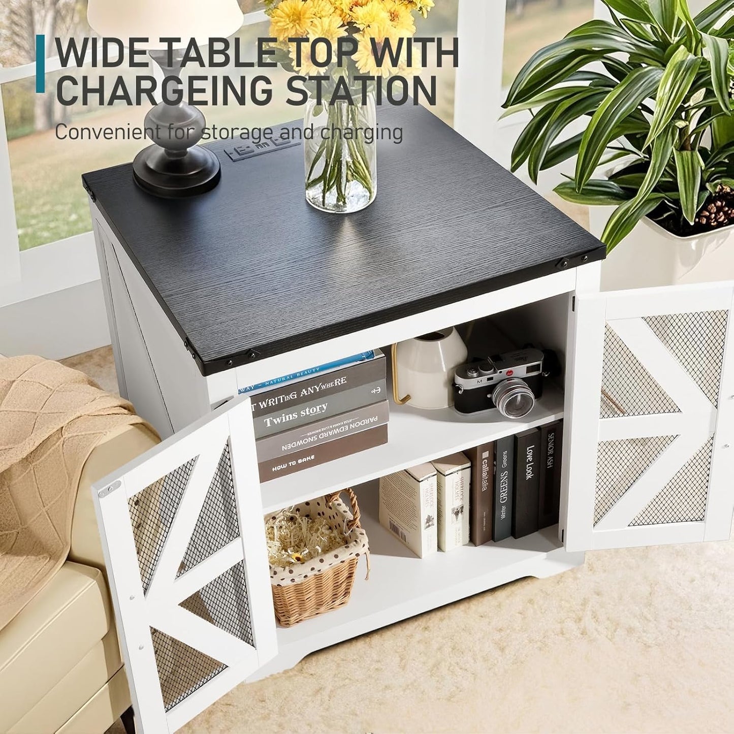 Farmhouse End Table Set of 2, 24" Large Sofa Side Table with Charging Station, Mesh Barn Door, White Nightstand with Adjustable Storage Shelf, Square Nightstand for Living Room, Bedroom