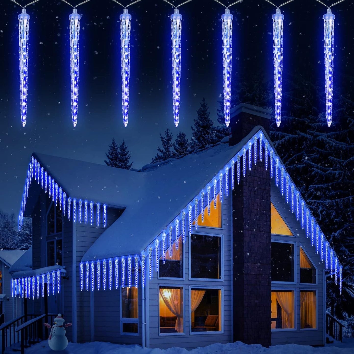 Brightown Christmas Meteor Shower Icicle Lights Outdoor, 2 Pack Total 40ft with 40 Large Tube 960 LED Dropping Effect, Waterproof Decorations for House Eave Roofline, Blue