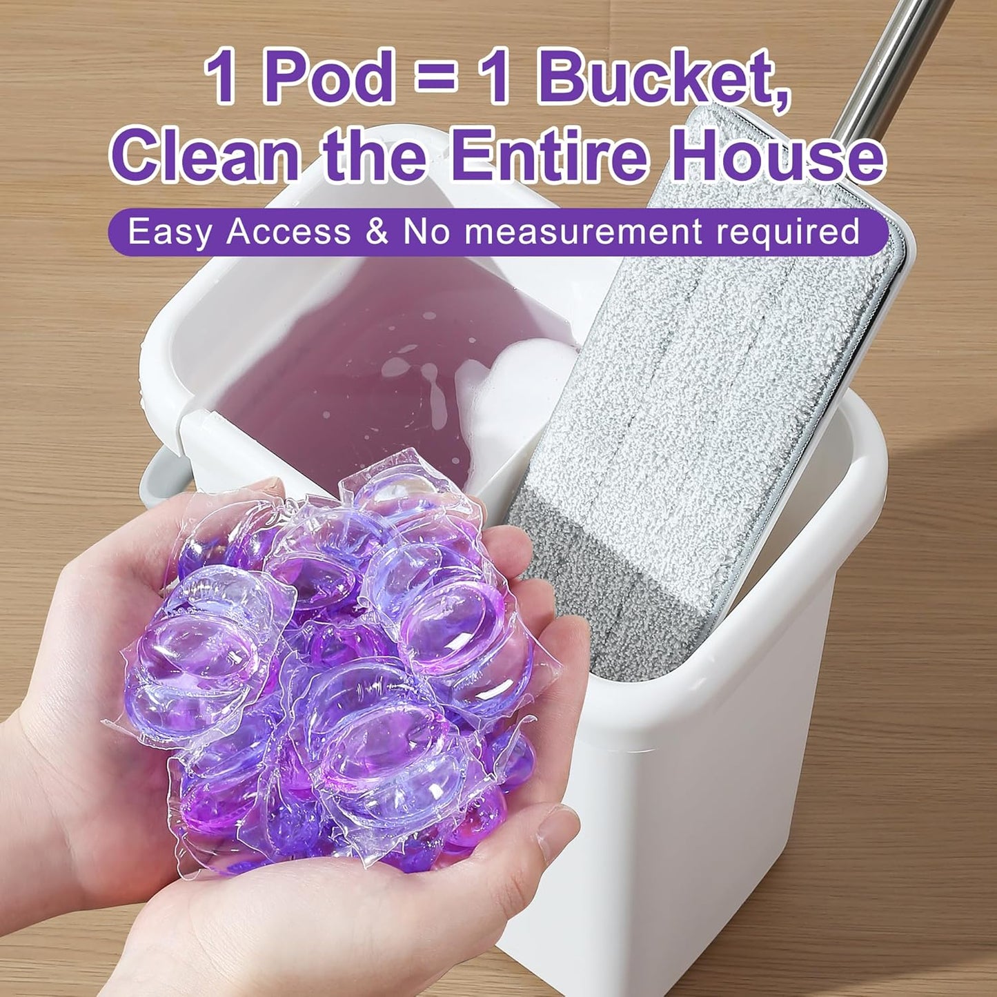 JOYMOOP Mop and Bucket with Wringer Set and Floor Cleaner Pods, Flat Floor Mop with 3 Reusable Microfiber Pads, Wet and Dry Use, Freesia Scent Pack of 15 Pacs for Floor Cleaning