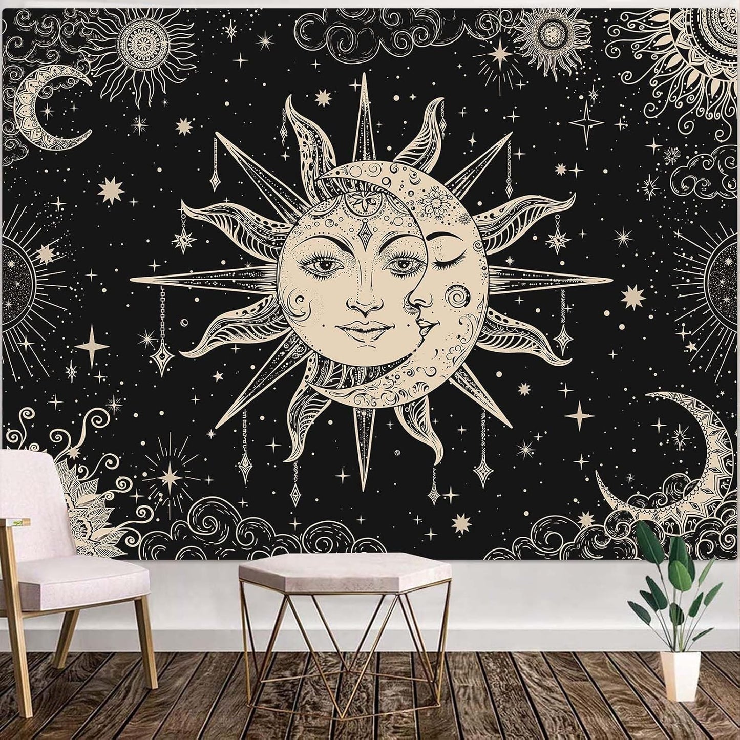 Lunerfex Sun and Moon Tapestry Mandala Wall Tapestry, Vintage Tapestries for Bedroom Ceiling Tapestries Wall Hanging for Bedroom Living Room Decor Sun-2 70"x90"