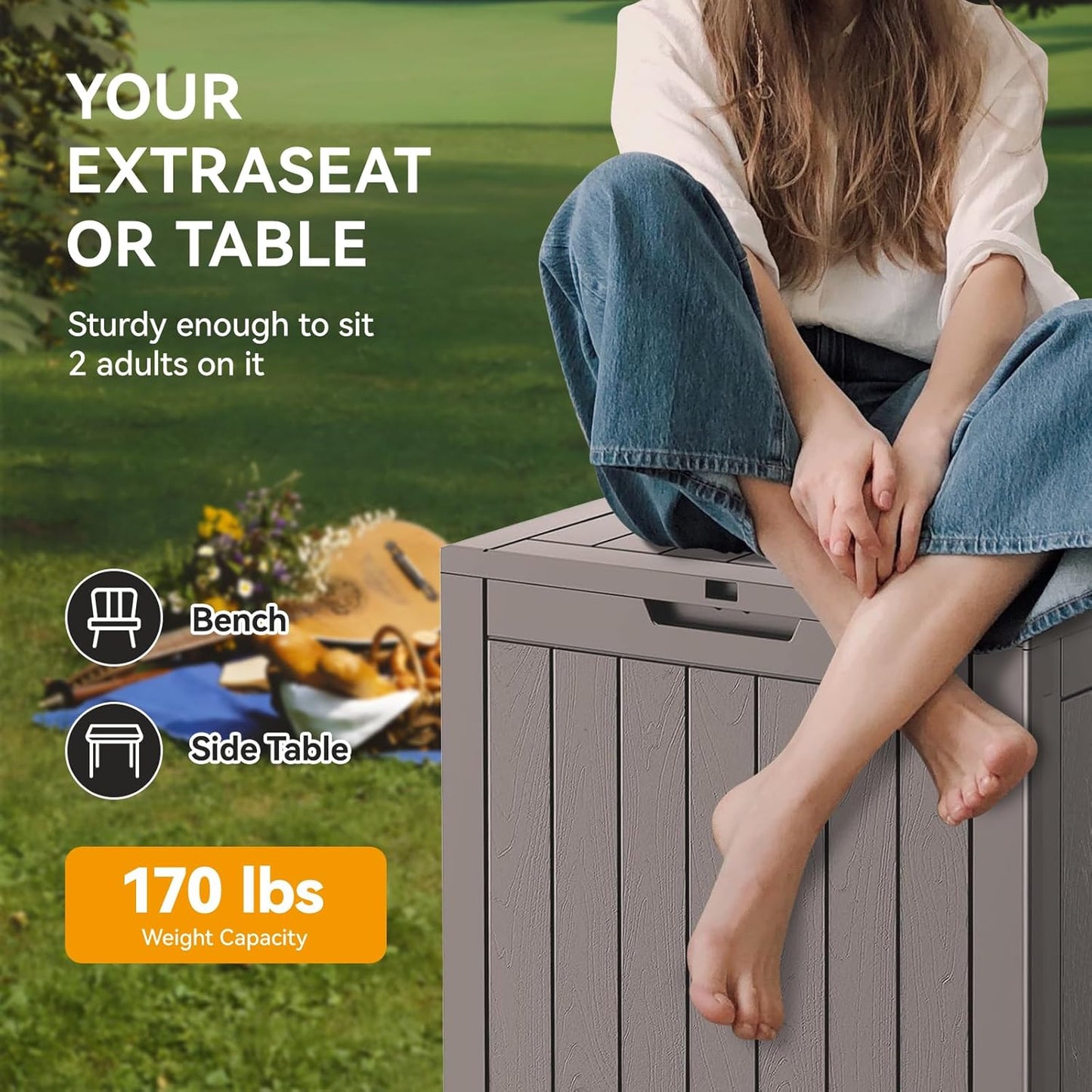 33 Gallon Outdoor Storage Box, Waterproof Resin Deck Box for Indoor & Outdoor Use โ Lockable Patio Storage Bin for Garden Tools, Package Deliveries, Pool Accessories, Sports Gear & Furniture-Grey