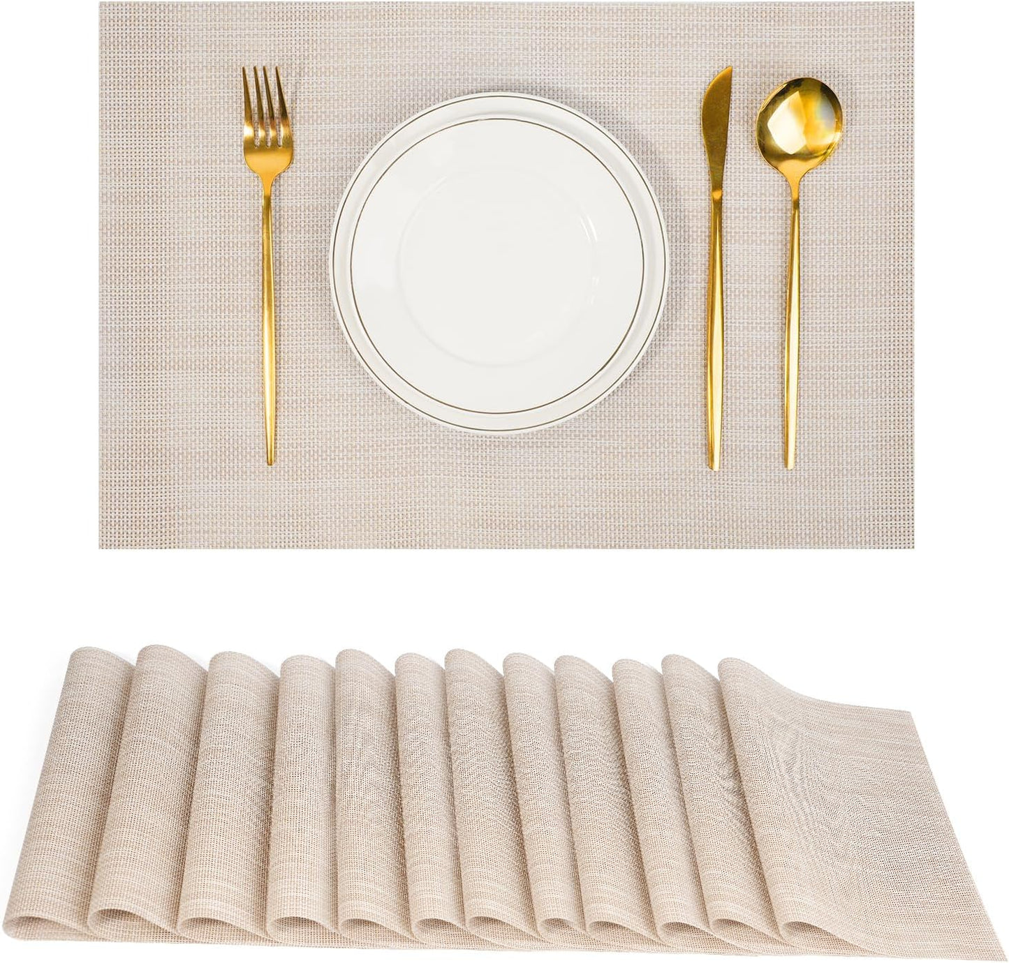 Placemats Set of 12,Non-Slip PVC Weave Table Mats Easy to Clean,Heat Resistant Place Mats for Kitchen Dining Table Decoration Indoor Outdoor,Beige White