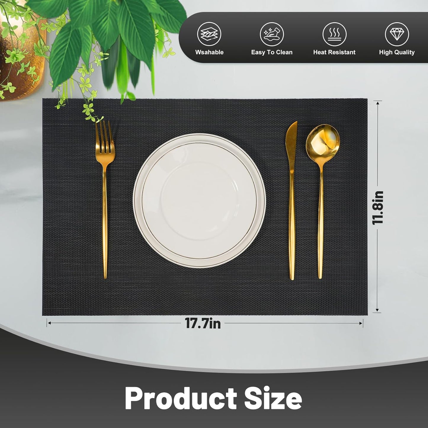 Placemats Set of 12,Non-Slip PVC Weave Table Mats Easy to Clean,Heat Resistant Place Mats for Kitchen Dining Table Decoration Indoor Outdoor,Black