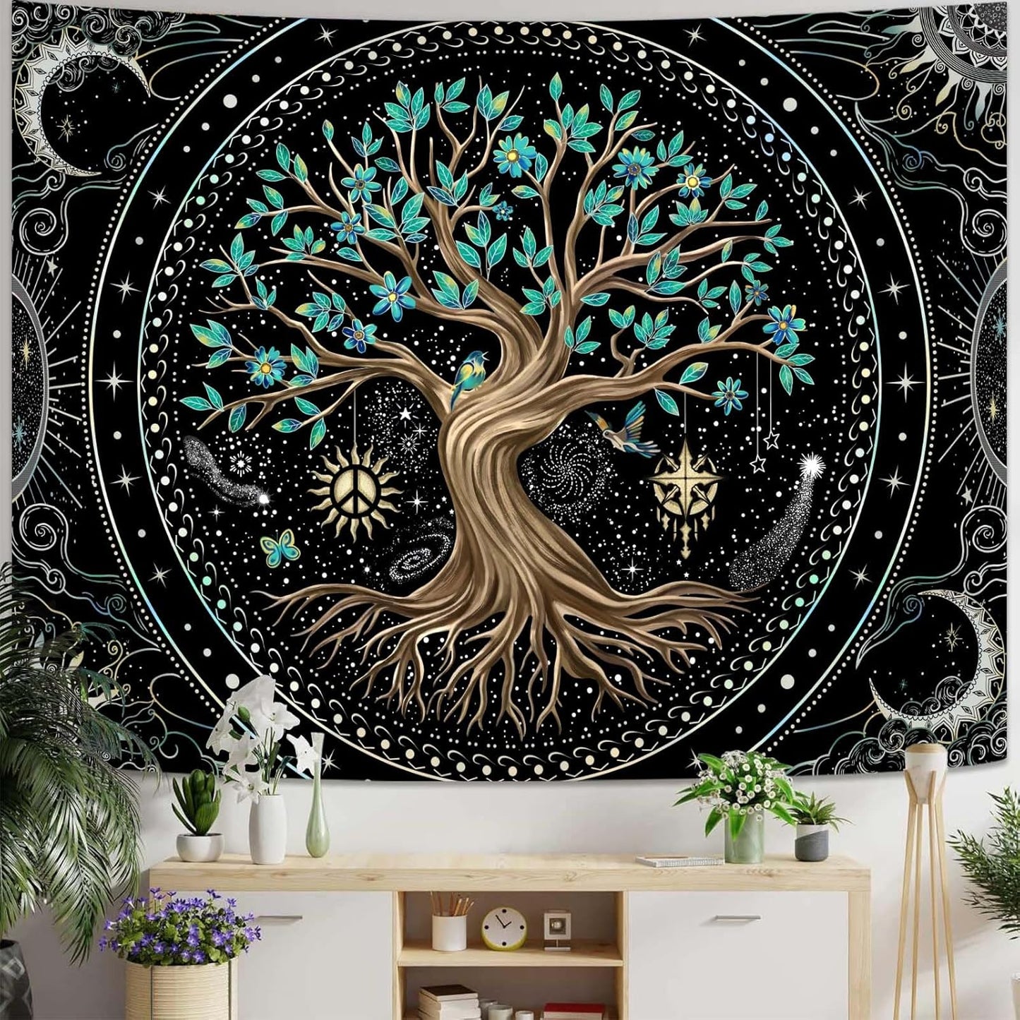 Lunerfex Tree of Life Tapastry Butterfly Moon Tapastry Flower Green Tree Tapestries Mandala Wall Hanging for Bedroom and Living Room Decor 70×90 Inches