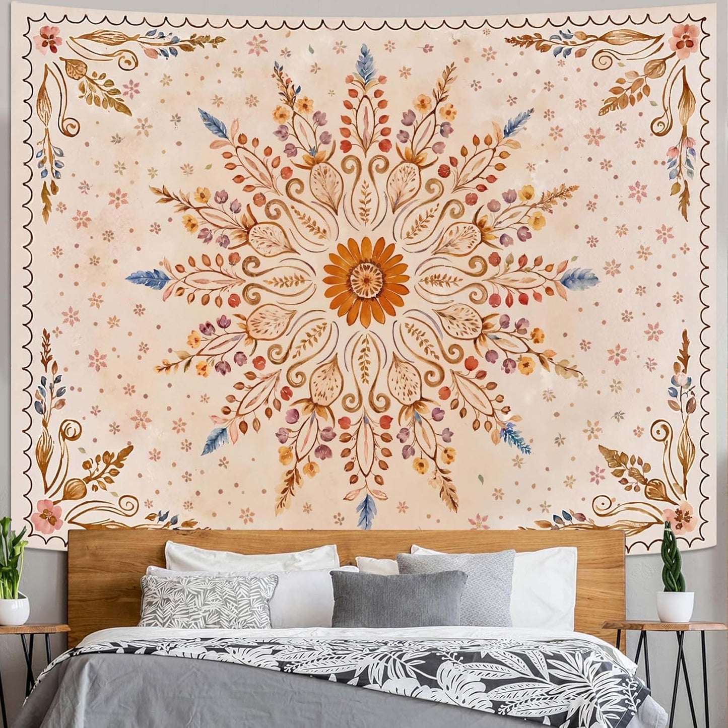 Fowocu Boho Floral Mandala Tapestry for Bedroom Aesthetic Watercolor Bohemian Flower Wall Tapestry Brown Beige Hippie Indian Extra Large Tapestries Wall Hanging for Living Room Dorm Decor 90 x 68 Inch