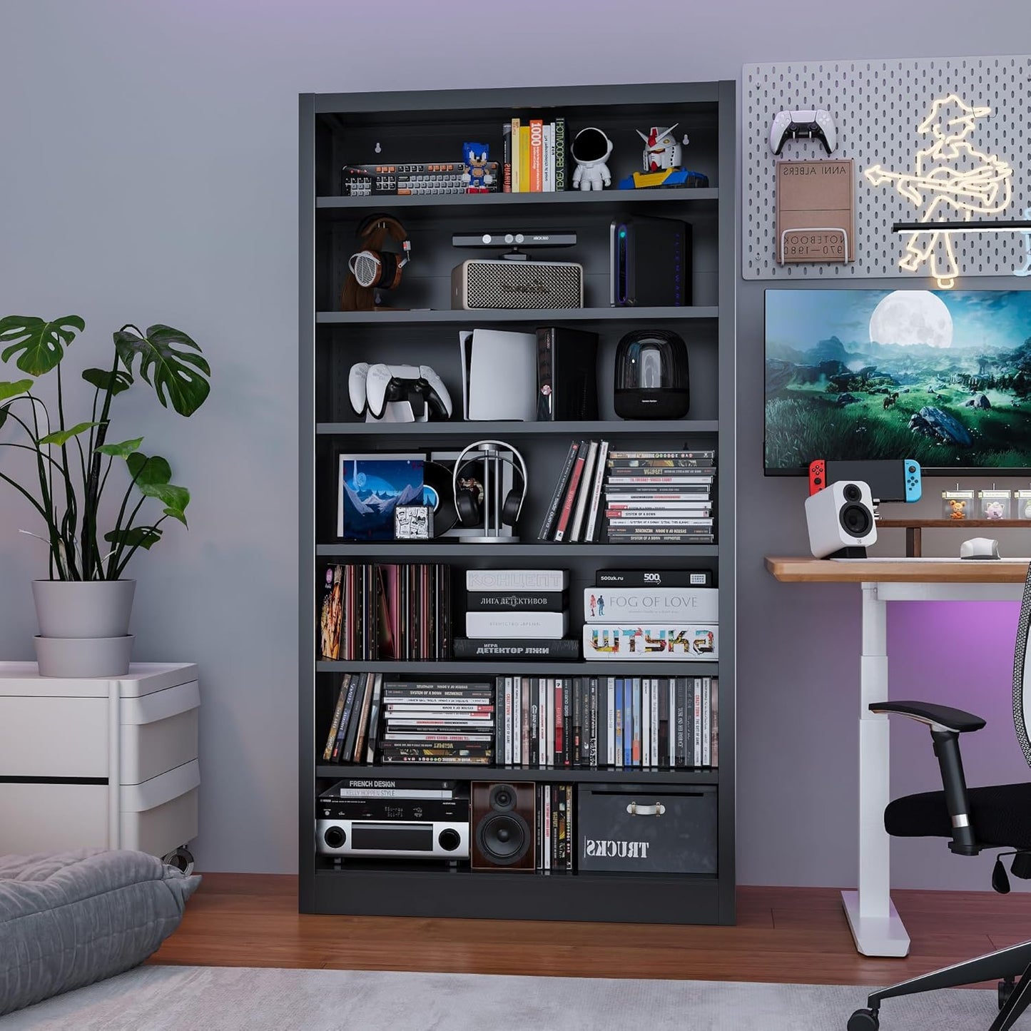 Metal DVD Storage Cabinets, 7-Tier CD Storage Rack with Adjustable Shelves, DVD Organizer Shelf, Media Shelves for CD Holder, Books, Games, Black Book Shelf for Living Room & Home Office (Black)