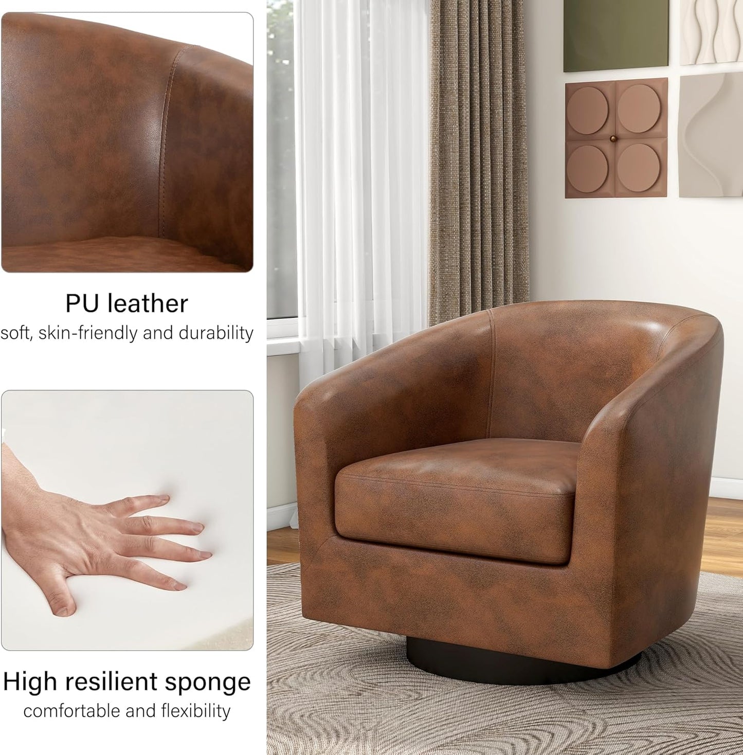 Swivel Barrel Accent Chair, Modern Round Faux Leather Arm Chair for Living Room, Bedroom, Comfy Club Reading Chairs for Adults(Faux Leather, Coffee, Set of 1)