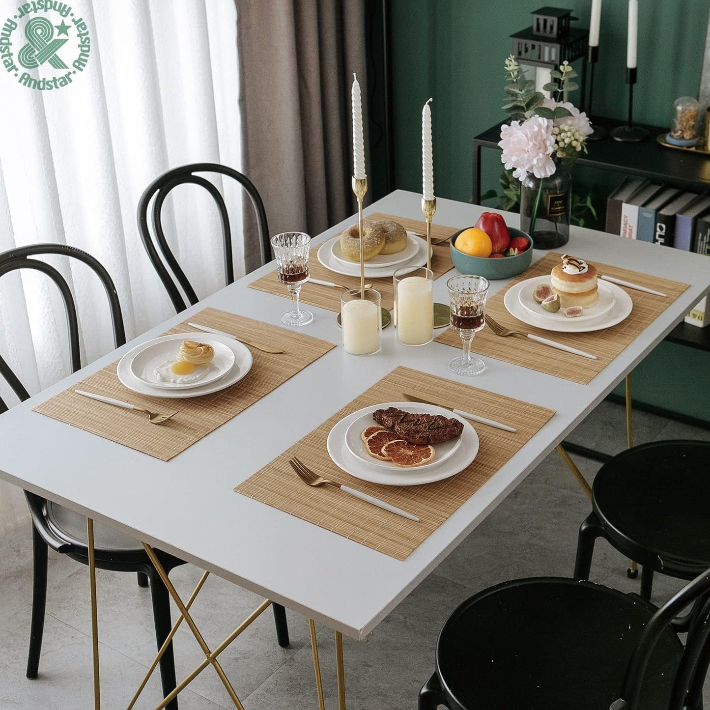 ANDSTAR Set of 12 Pcs Bamboo Placemats - Natural & Brown & Black, Anti-Slip, Heat-Resistant, Washable Table Mats for Dining and Kitchen