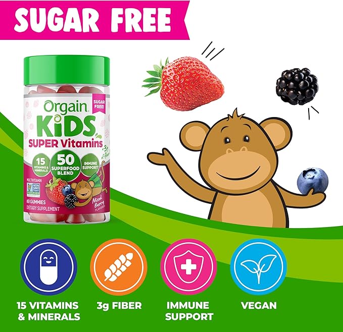Orgain Kids Sugar Free Multivitamin Gummies, 50 Superfoods, 15 Vitamins 3g of 4+, 1 1 Month (60 Gummies)