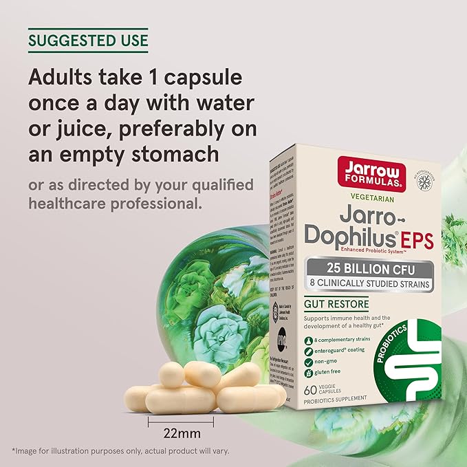 Jarrow Formulas Jarro-Dophilus EPS Gut Restore 25 Billion 8 Clinically-Studied 60 Veggie 60 Day 12 Packs