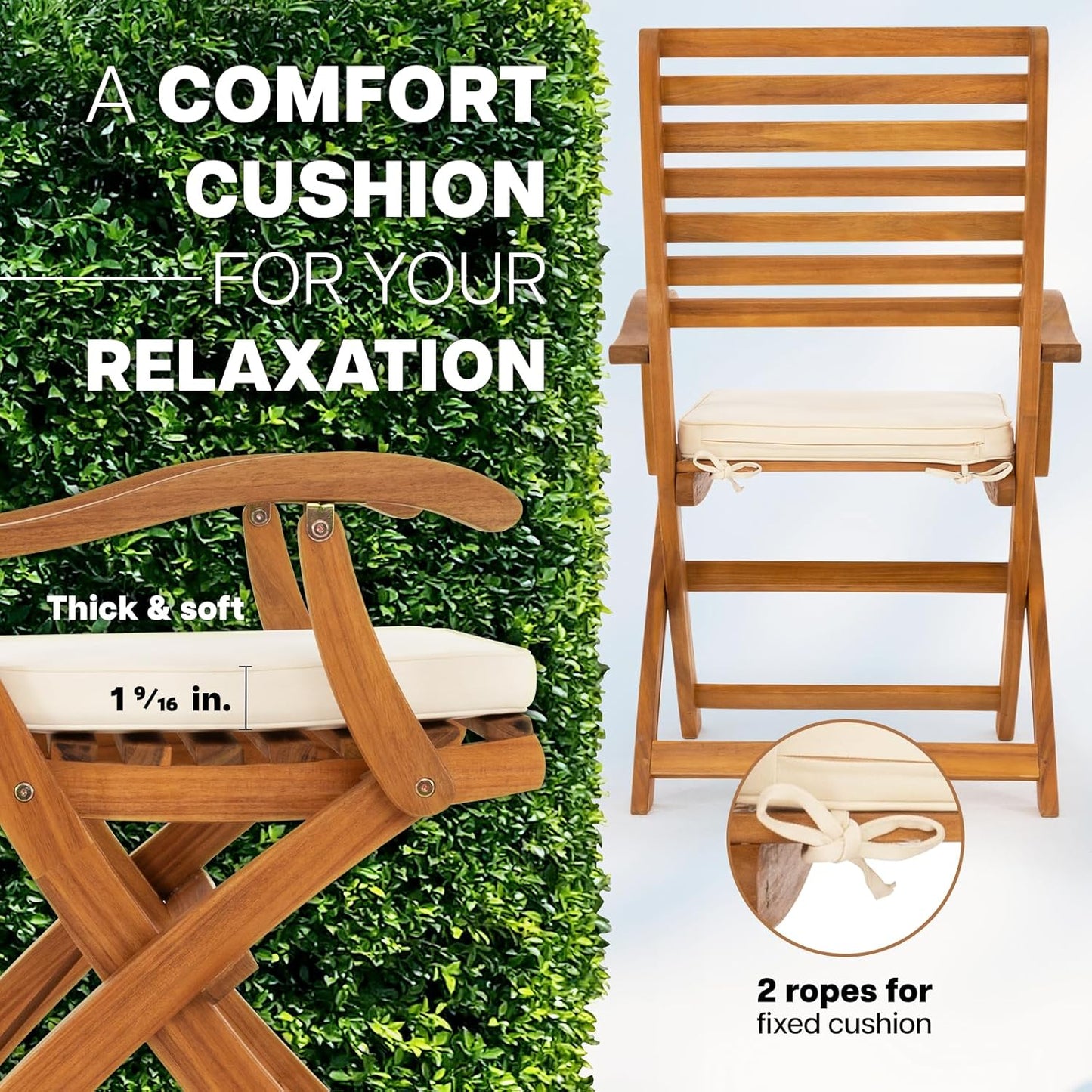 IDZO, Percy Chairs Heavy Duty 400lbs Capacity Set of 2 w/Cushion, FSC Acacia Outdoor Furniture, Teak Finish, Fully Assembled, Wood Folding_Beige