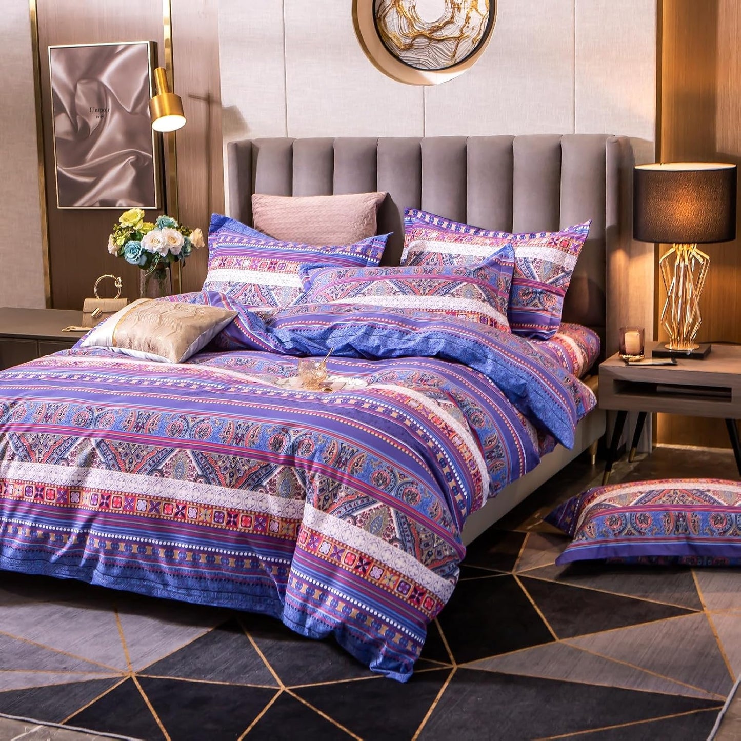 ABREEZE Bohemian Vintage Full Size Floral Cotton Bedding Set 3Pcs Duvet Cover Set Boho Purple Paisley 100% Egyptian Brushed Cotton Reversible Home Bedding Collection