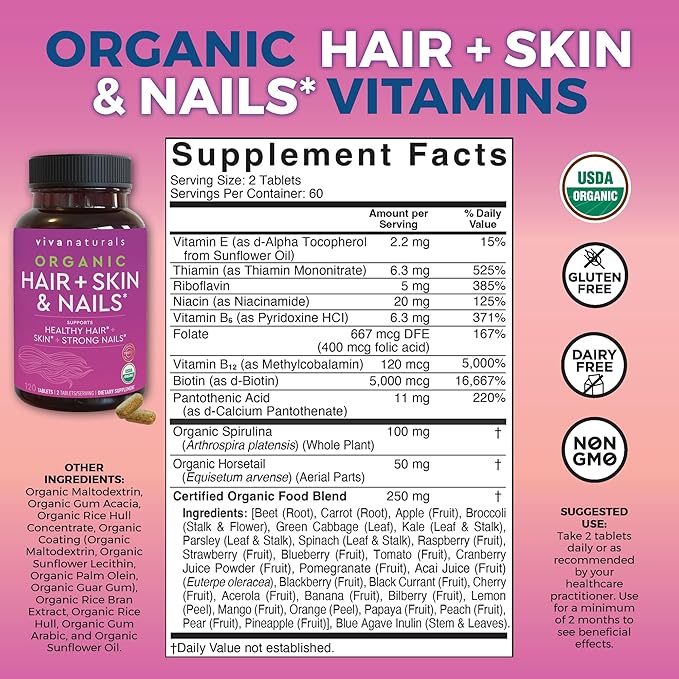 Organic Biotin Vitamins for Hair Skin 5000mcg to 120 Biotin