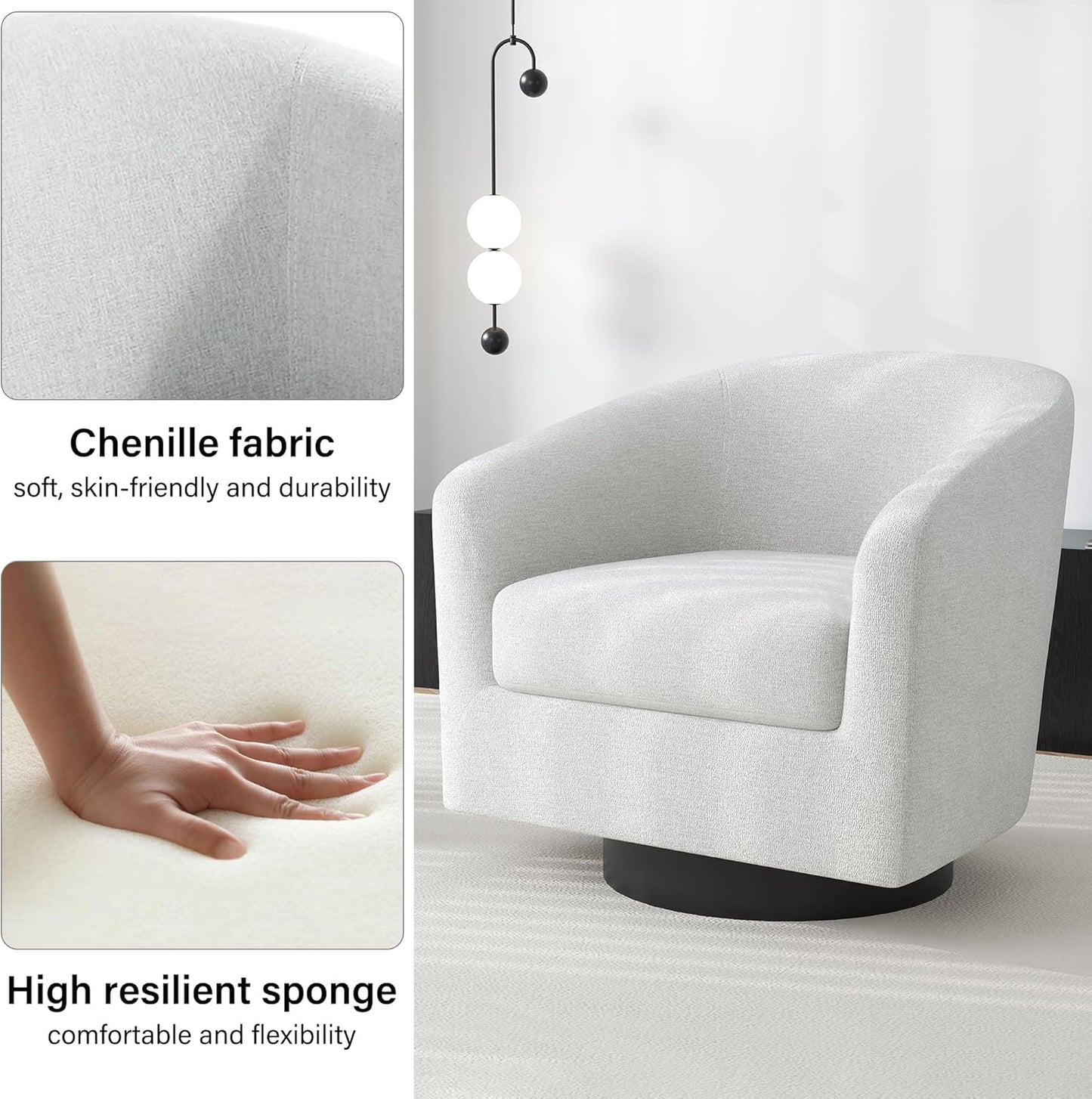 Swivel Barrel Accent Chair, Modern Round Chenille Fabric Arm Chair for Living Room, Bedroom, Comfy Club Reading Chairs for Adults(Chenille Fabric, Beige, Set of 4