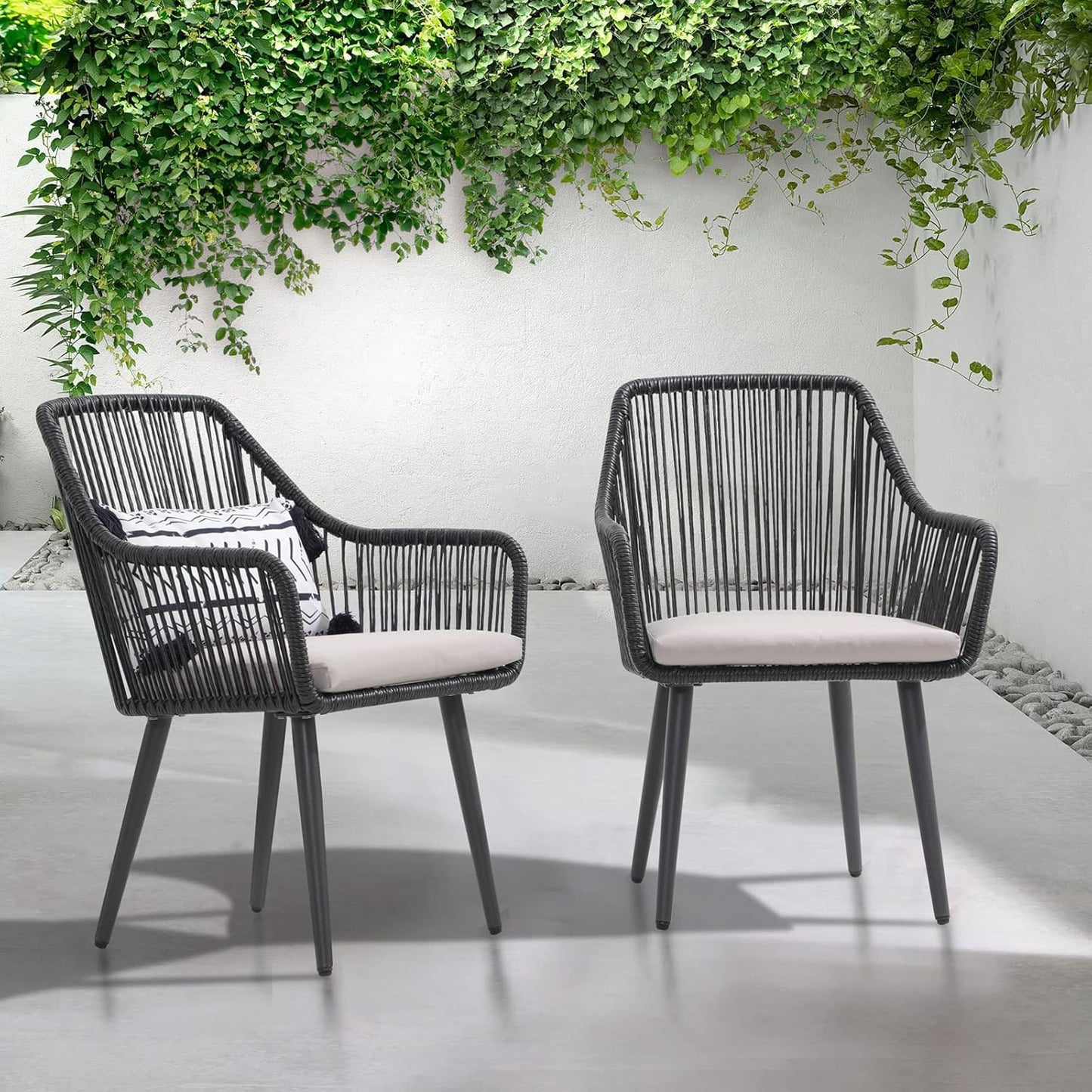 Patiorama Outdoor Dining Chairs, Patio Dining Chair Set of 6, All-Weather Woven Rope Rattan Chairs, Outdoor Dining Wicker Chairs with Armrests for Indoor Balcony Pool Backyard(Black)