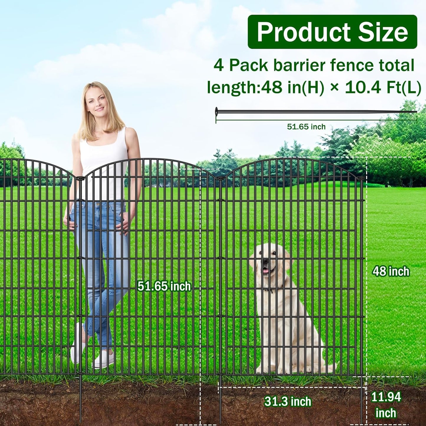 No Dig Decorative Garden Fence 4 Panels with Gate, 48 in (H) x 10.4 ft (L), Dog Fence Outdoor for Yard,Rustproof Metal Animal Barrier Ground Stakes Fencing for Garden, Patio, Flower Bed