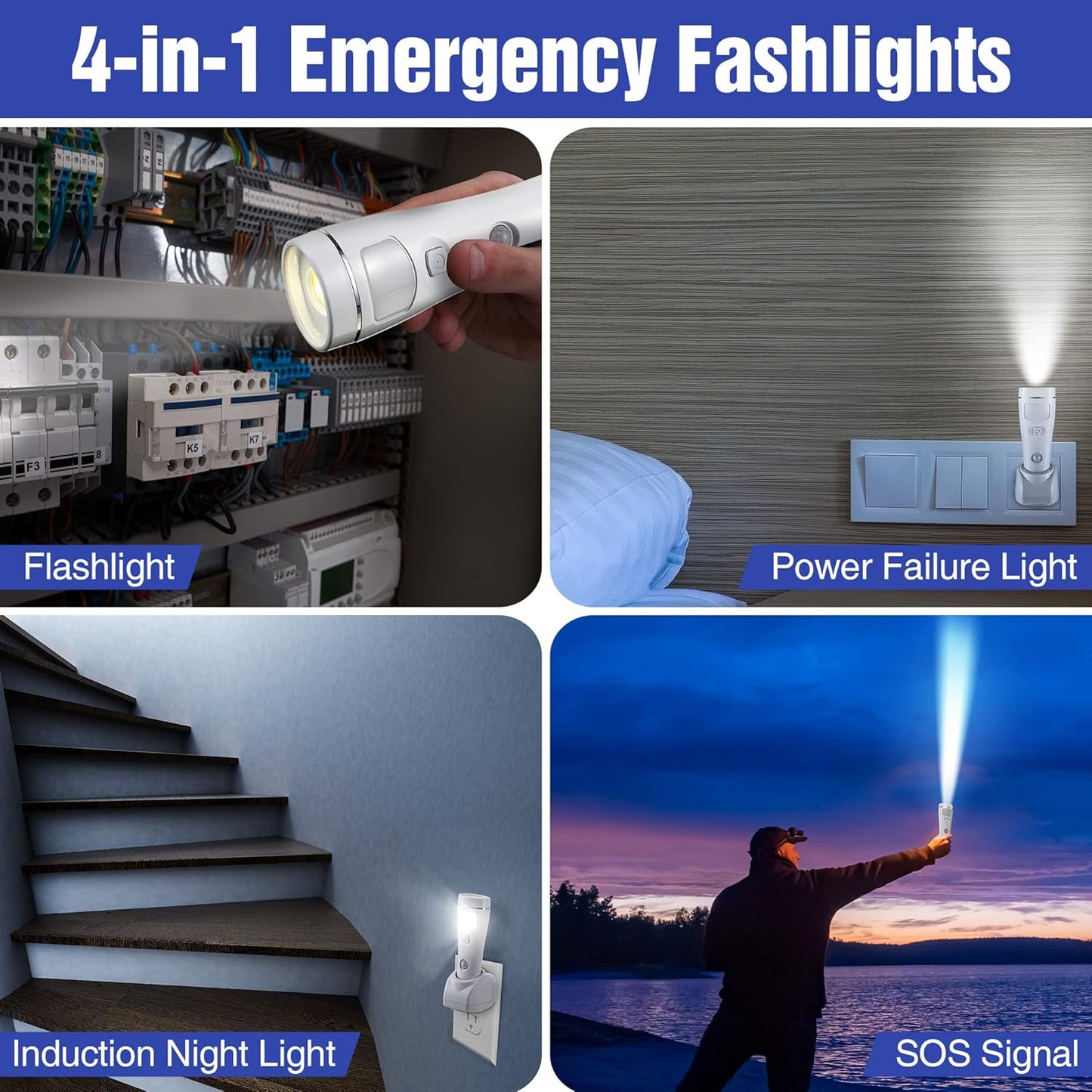 Enhon 4 in 1 LED Emergency Lights for Home Power Failure, 2 Pack Rechargeable Plug in Flashlight Motion Sensor Night Light, Automatic Turn On Power Outage Light for Home Hurricane Supplies(White)