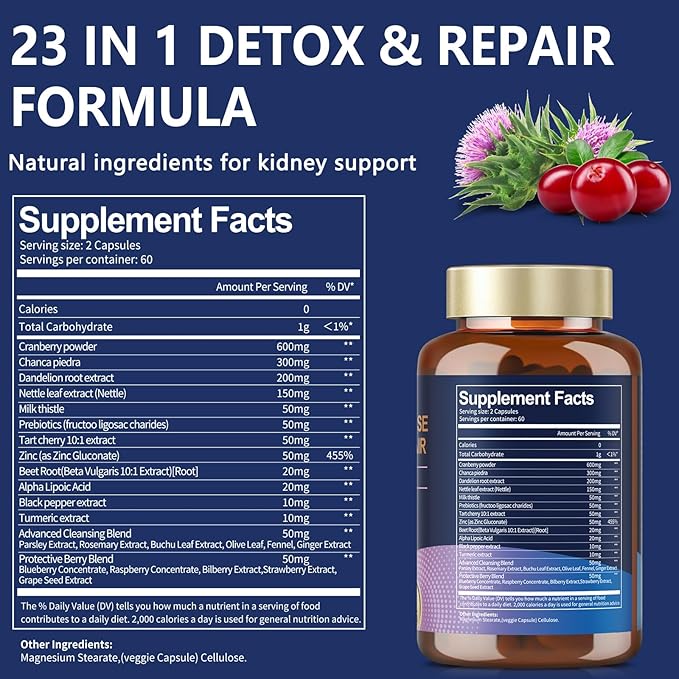 2 Packs Kidney Cleanse Detox & Repair Capsules, Urinary Tract Health for Woman with Chanca Piedra & Cranberry Pills for Kidney Support Supplement Extra Strength Kidney Stones Dissolver