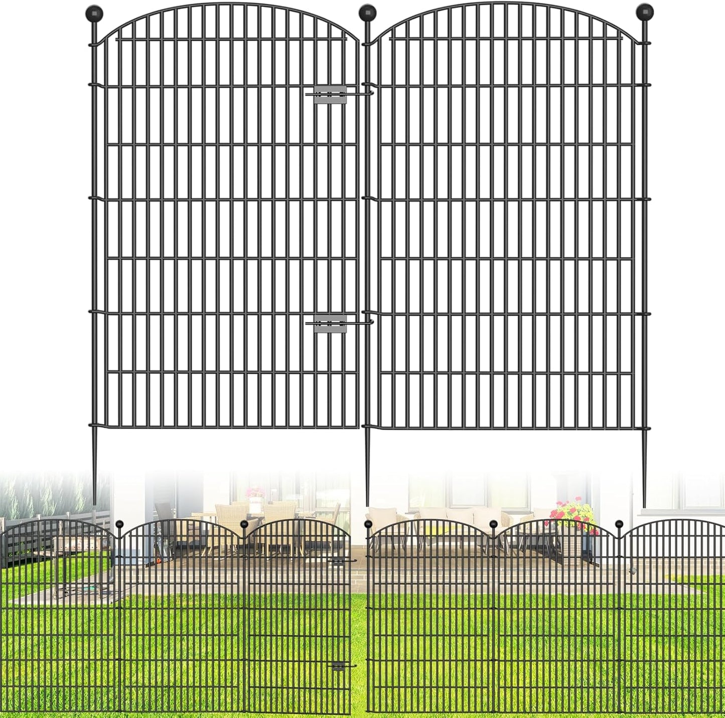 No Dig Decorative Garden Fence 4 Panels with Gate, 48 in (H) x 10.4 ft (L), Dog Fence Outdoor for Yard,Rustproof Metal Animal Barrier Ground Stakes Fencing for Garden, Patio, Flower Bed