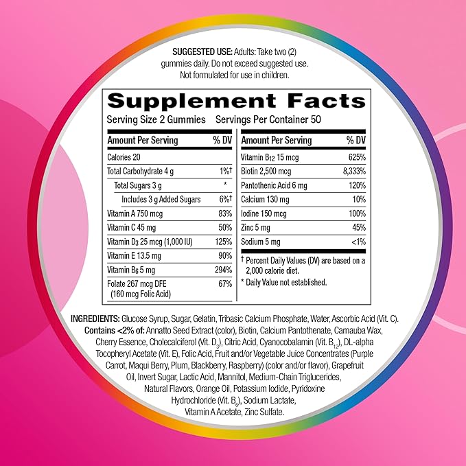 Centrum MultiGummies Multi+ Beauty Dual Action Multivitamin, Specially Designed with Biotin for Healthy Hair, Skin and Nails, Cherry/Berry/Orange Flavors - 100 Count