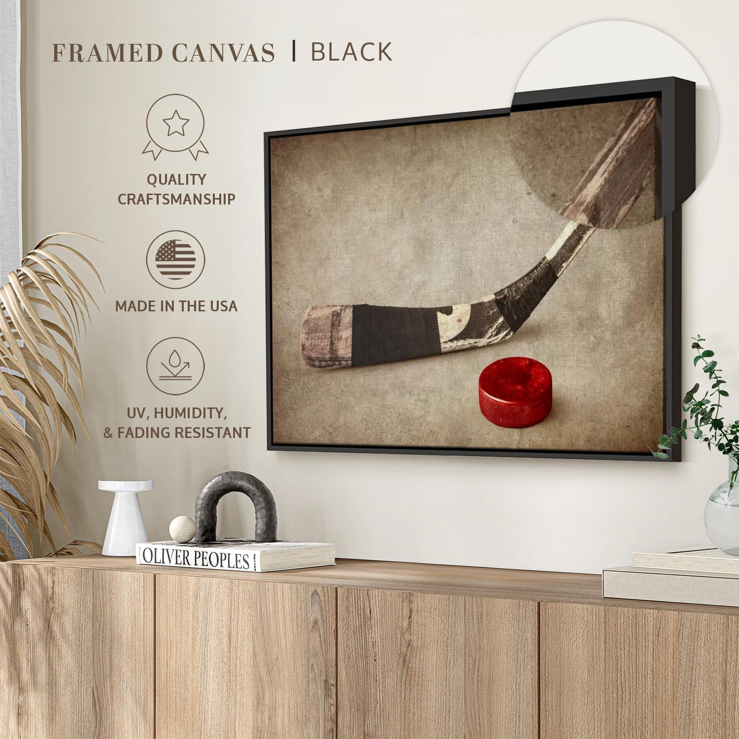 Elephant Stock Vintage Ice Hockey Wall Art - Horizontal Framed Canvas - 1-Piece Hallway Wall Decor - Photography Sports Canvas Print - Brown and Beige Decor for Wall - 40" X 27"