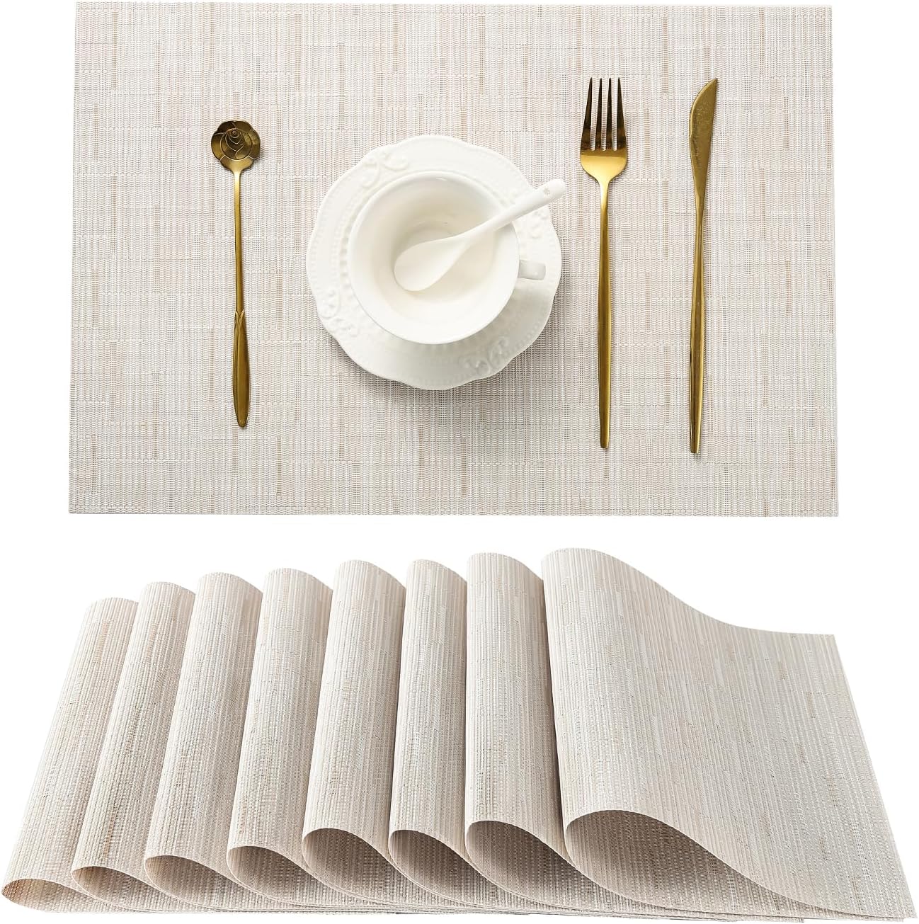 Leetaltree Pale Beige Placemats Set of 8 - Heat Resistant Non-Slip Place mats for Dining Table, Washable Durable PVC Vinyl Woven Table Mats(Pale Beige, 8)