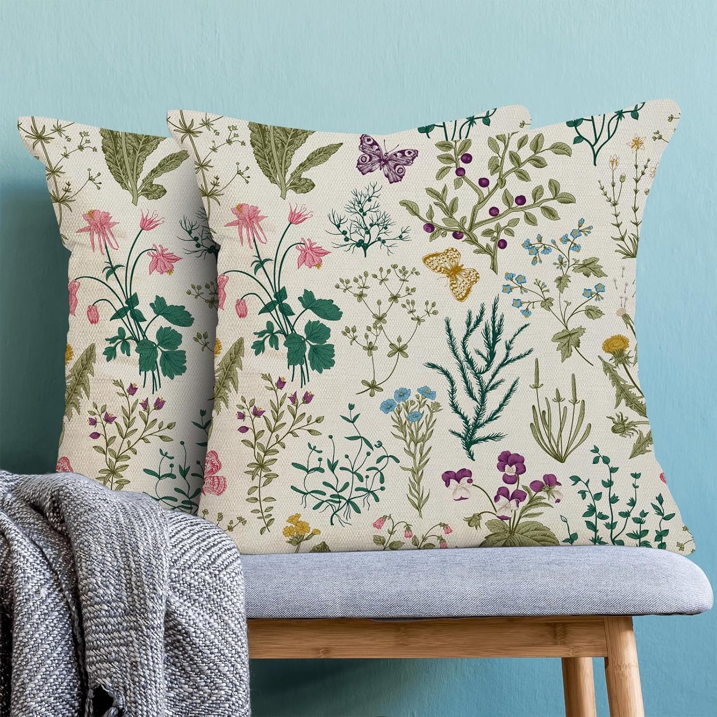 CXMEIFLY Spring Pillow Covers 18 x 18 Inch Set of 2 Vintage Sage Green Teal Wild Flowers Decor Throw Pillows Leaves Plant Outdoor Farmhouse Decorative Cushion Cases for Couch Bed Sofa Decoration