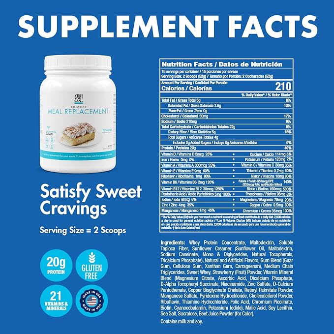 Yes You Can! Complete Meal Replacement - 15 Servings, 20g of Protein, 0g Added Sugars, Over 20 Vitamins and Minerals - All-in-One Nutritious Meal Replacement Shake (Tres Leches)