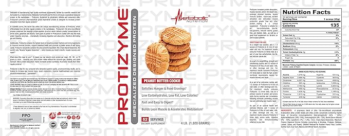 Metabolic Nutrition, Protizyme, 100% Whey Protein Powder, High Protein, Low Carb, Low Fat Whey Protein, Digestive Enzymes, 24 Essential Vitamins and Minerals, 4 Pound (52 ser)