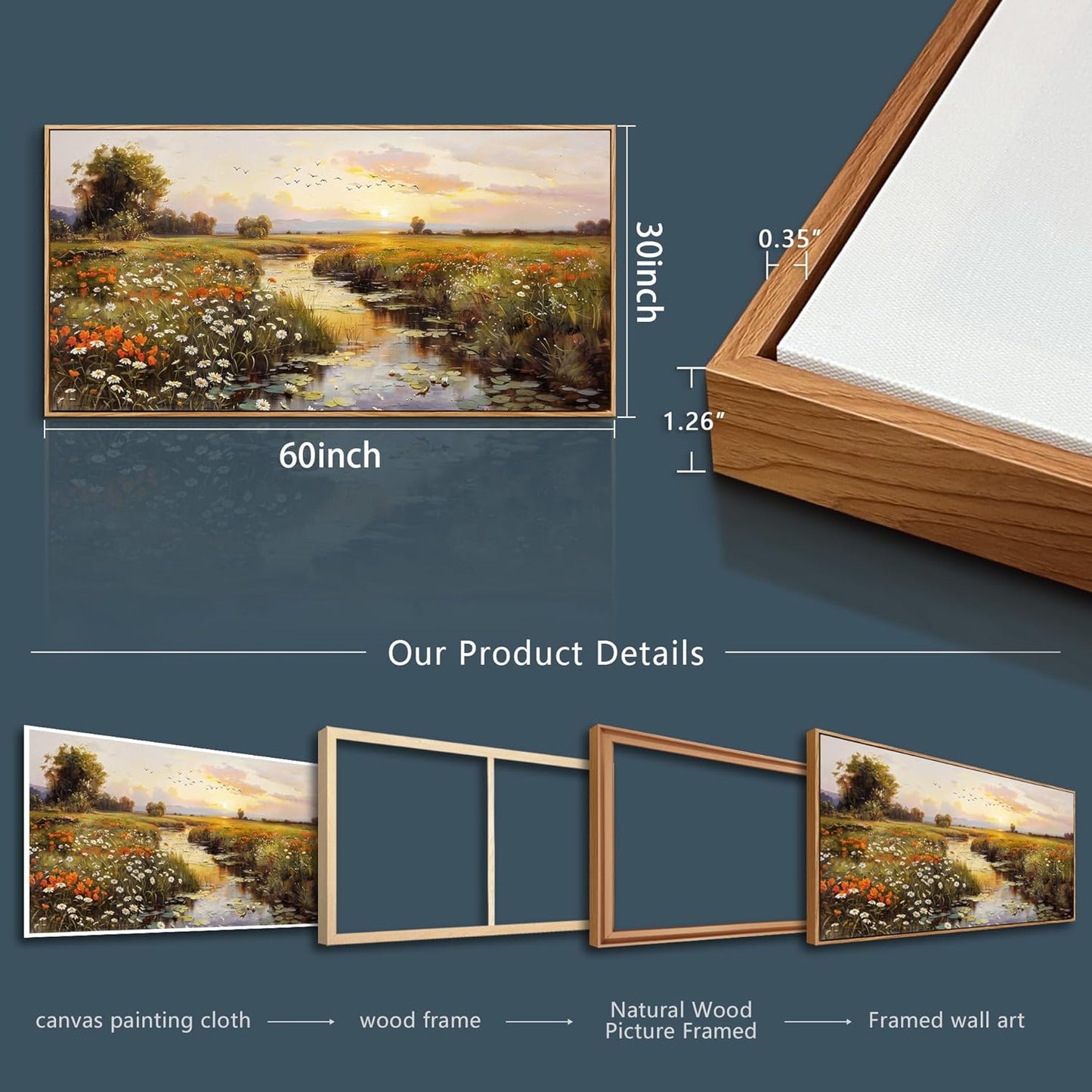 PHAOHUAXM Large Canvas Wall Art For Living Room Wall Decor For Bedroom Watercolour Painting Office Decoration Countryside Sunrise Scenery Wall Picture Home Decor Ready To Hang 30x60 In Wood Framed